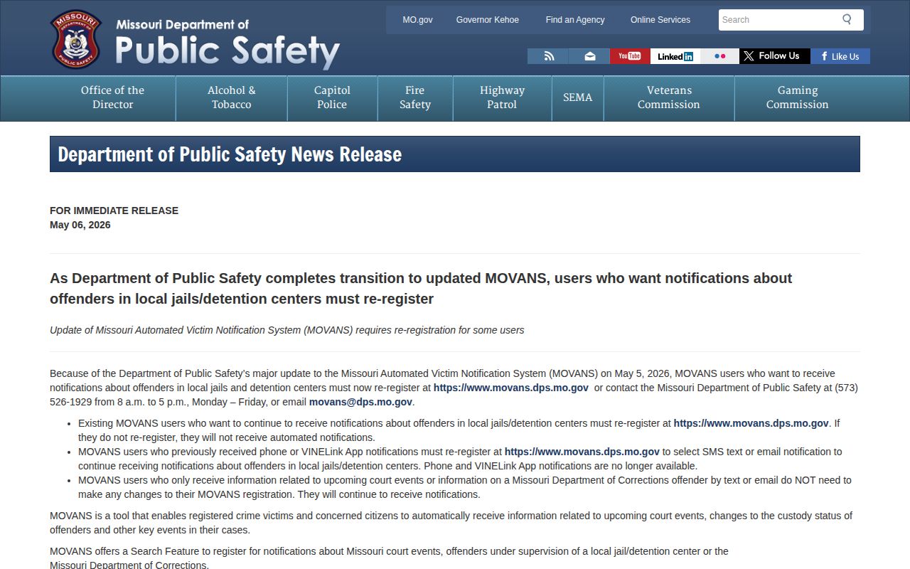 Missouri DPS notice about current local-jail MOVANS registration and alerts
