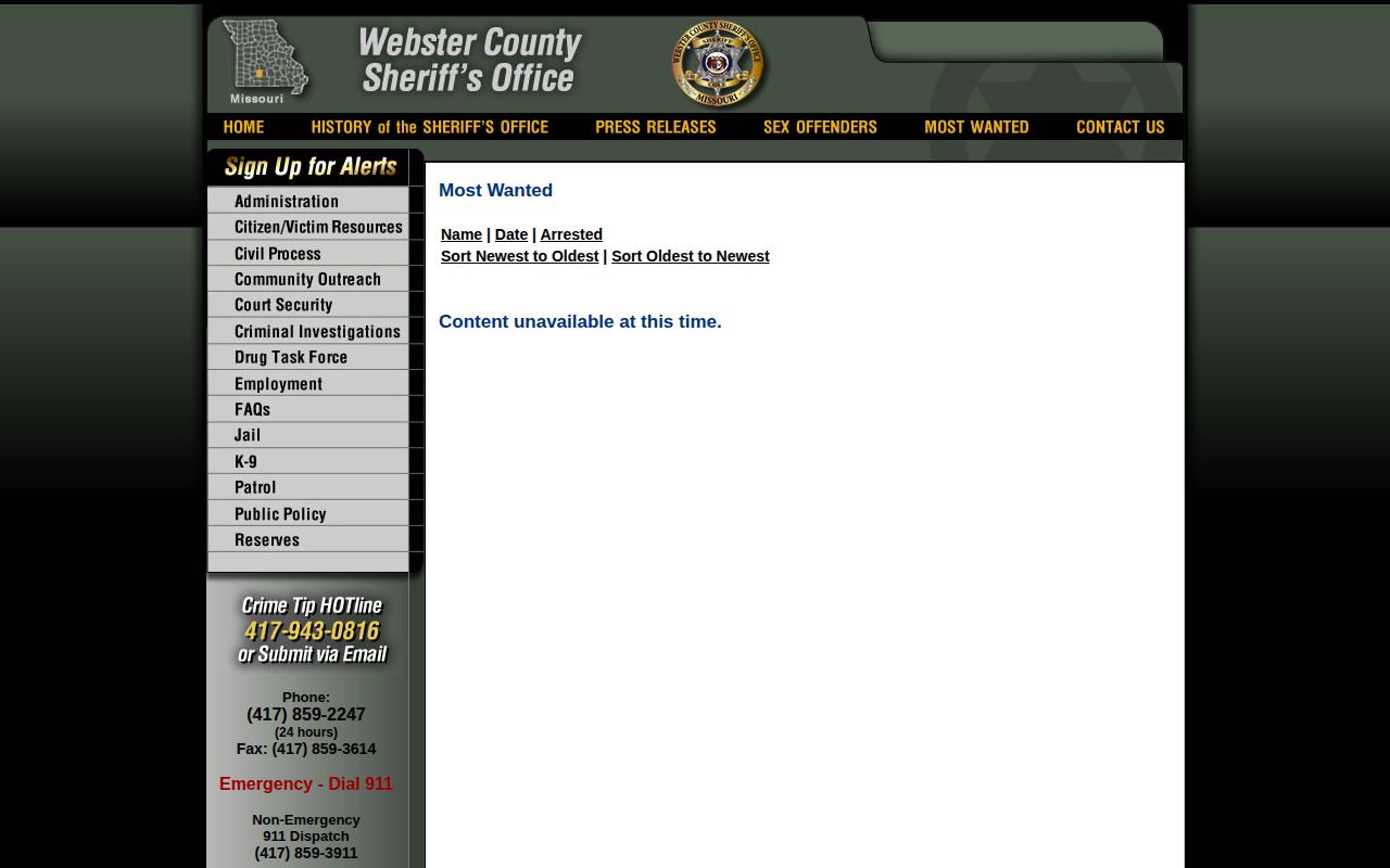 Webster County Sheriff arrest wanted-list table and unavailable notice