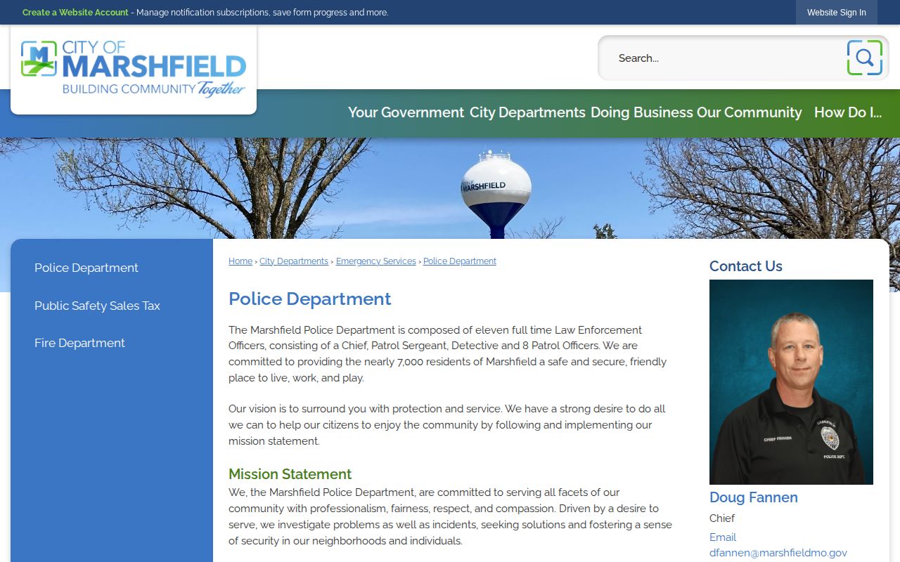 Official Marshfield Police Department contact page showing address and phone information