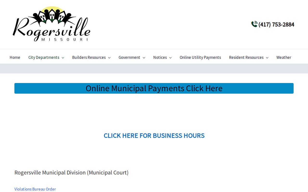 Rogersville Municipal Court page showing Case.net search instructions and clerk contact