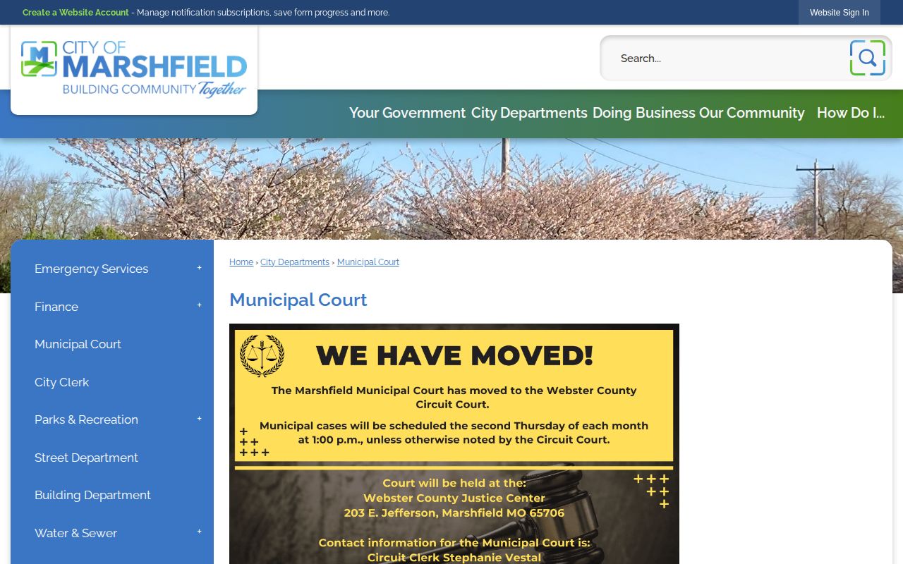 Marshfield Municipal Court page with municipal-to-circuit routing and Case.net information